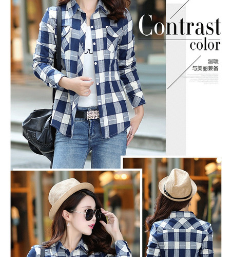 Ha Camisa De Mujer A Cuadros Tallas Grandes Algodón Slim Fit