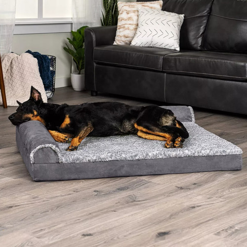 Cama De Espuma Con Memoria Para Perros Grandes 101x81 Cm Con Almohadones Removibles Y Funda Lavable, Para Perros De Hasta 95 Libras - Dos Tonos De Felpa De Piel Sintética Y Gamuza En Forma De L - Gris
