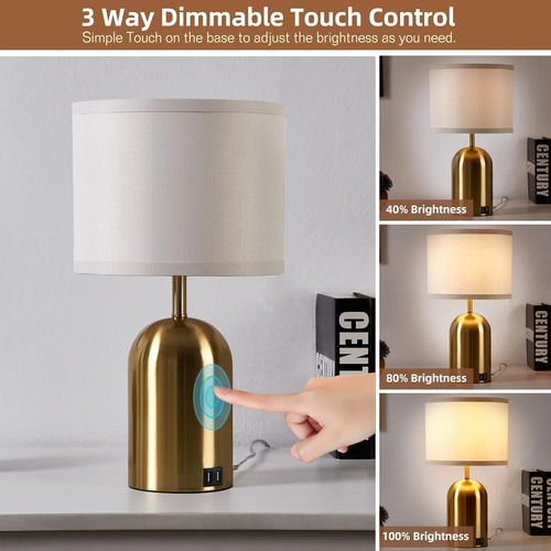 Lámpara Mesa Led Metal Usb Regulable Touch Dorada 2piezas Dorado