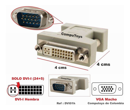 Imagen 1 de 6 de Convertidor Dvi-i A Vga Macho Ref: Dvi01h Computoys Sas