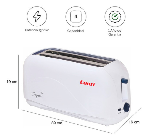 Tostadora De Pan Eléctrica Para 4 Panes 1300w Cuori Saporo