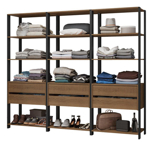 Guarda-roupa Closet 6 Gav 12 Prat 210cm Valencia Madesa Rp Cor Rustic/Preto