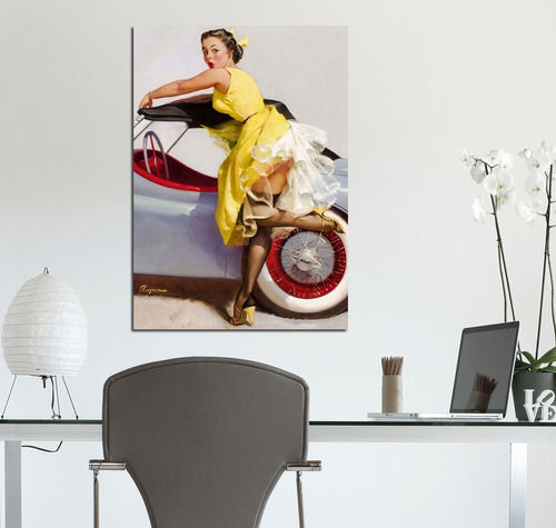 Cuadro 30x45cm Pin Up Girl Yellow Dress Vintage Style Cars