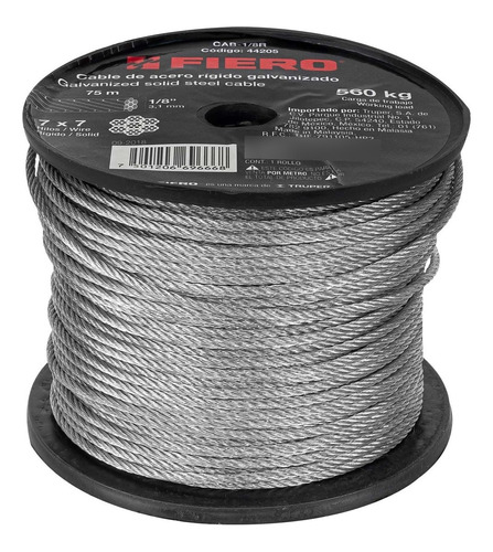 Cable De Acero 1/8' Rígido 7x7 Hilos Carrete 75 M