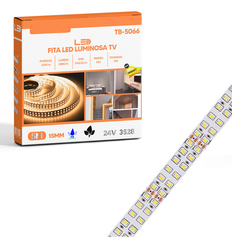 Fita Led 3528 Dupla Ip20 24v 5m 240led/m 15mm Cor Da Luz Branco Quente 3000k