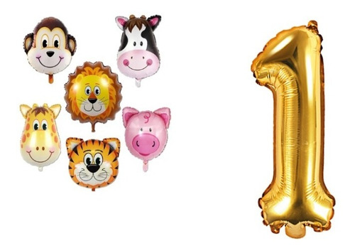 6 Globos Animales Y Glubo Numero 70 Cm Cumpleaños