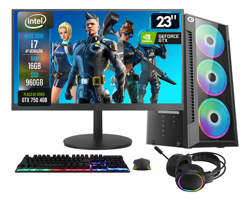 Pc Gamer Completo 2eletro Shot, Intel Core I7, 16gb Ram, Geforce Gtx 4gb, Ssd 960gb, Fonte 500w, Monitor 23 75hz Full Hd - Pg2e-0109sh