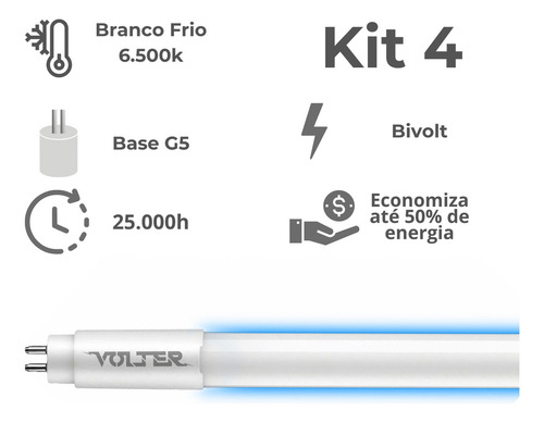 Kit 4 Lâmpada Led Tubular Volter 18w T5 115cm G5 127/220V Branco Frio 6500k 2000lm