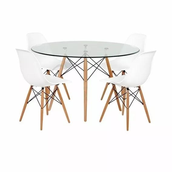 Mesa Redonda Eames Vidrio 120cm + 4 Sillas Eames Comedor