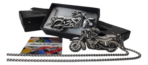 Dije Moto + Cadena + Caja + Acero De Máxima Calidad Premium Plateado