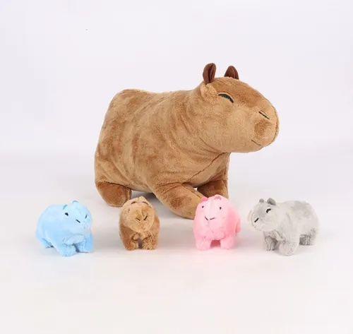 ~ Capibara Peluche Mamá Con 4 Peluches Capibara Bebé,5 Pcs ,