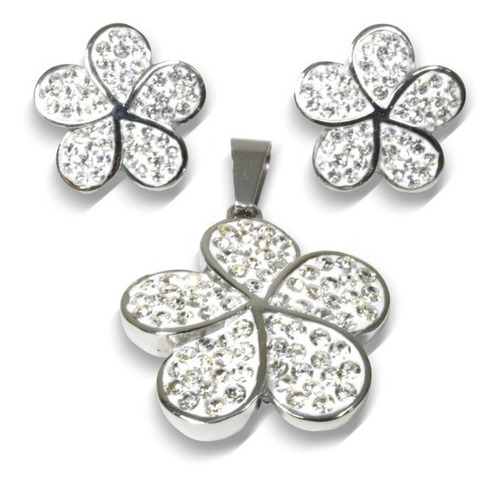 Juego Acero Inox Con Aretes Flor Con Piedra Tipo Zirconia C