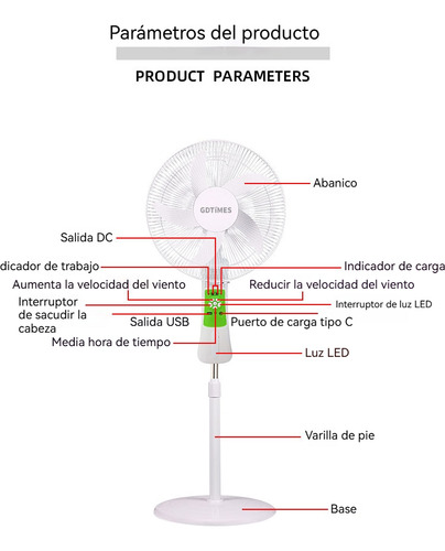 Ventilador De Piso Solar Recargable De Batería Silencioso 16 Pulgadas Con Luz Led Y Control Remoto,9 Velocidades Ajustables, 180° Giratorio