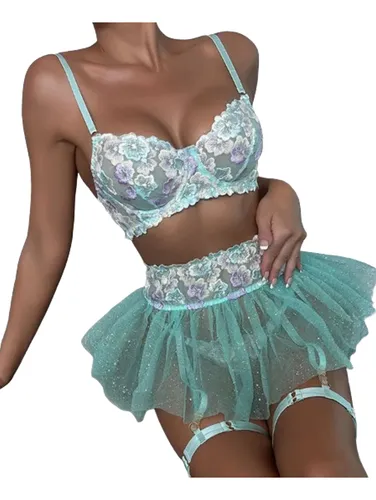 Hermoso Conjunto De Lencería Con Falda, Diseño Flores!