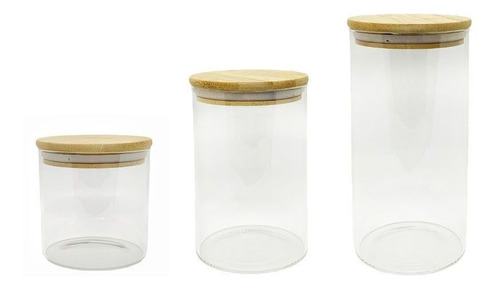 Set X 3 Frascos De Vidrio Con Tapa Bamboo Hermeticos