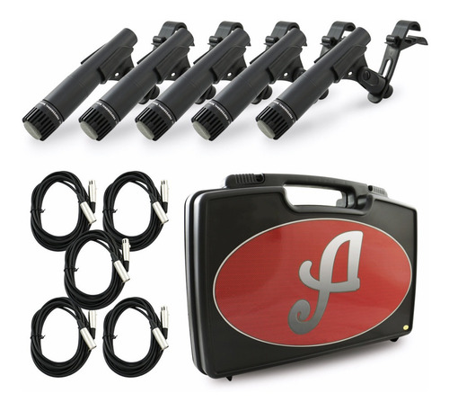 Kit Arcano Bateria 5 Mics Cabos Clamps Maleta Renius-7d-kit Cor Preto/prata