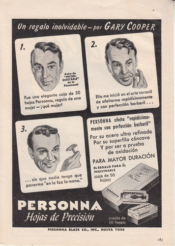1947 Gary Cooper Rara Publicidad Hojas De Afeitar Personna 