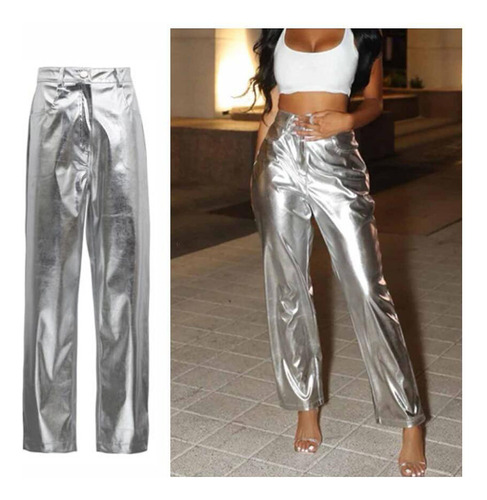 Pantalones De Chándal Metálicos Brillantes Para Mujer, Elega