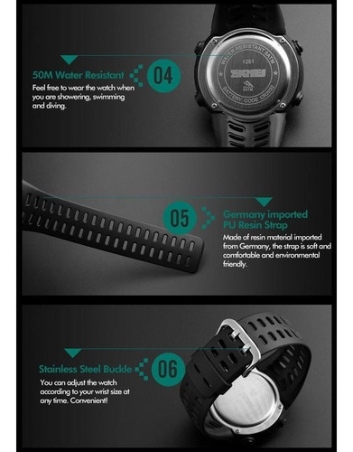 Reloj pulsera Skmei 1251 de cuerpo color negro, digital, para hombre, fondo negro, con correa de poliuretano color negro, dial gris, minutero/segundero blanco y negro, bisel color negro, luz verde y hebilla doble