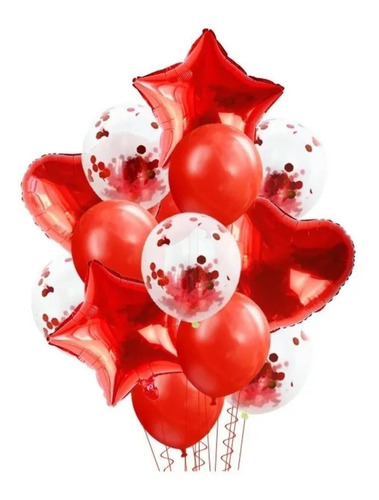 14 Globos Rojos Látex Confeti Corazón Y Estrella 