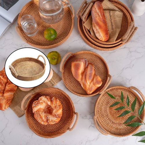 Cesta De Mimbre Hecha A Mano Con Asas De Madera Bandeja