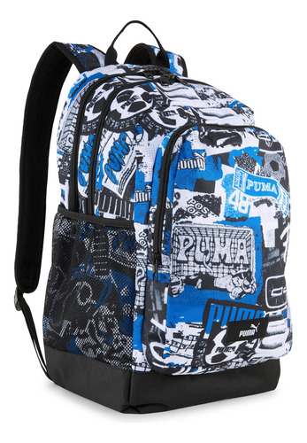 Mochila Puma Academy Aop Backpack, Unisex, Azul Y Negro Diseño de la tela Lisa