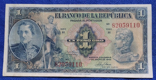 Billete De 1 Peso Año 1945, Estado 7, # 9110.