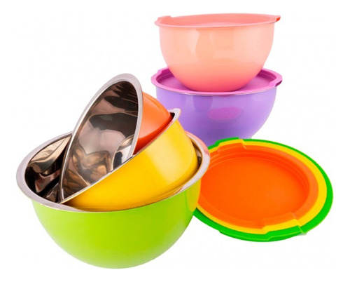 Set Bowls 5 Acero Inox Ensaladera Tazon Multiusos Con Tapa 