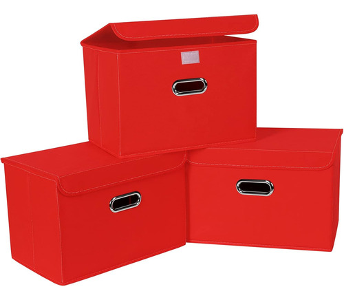 Cubo Plegable De Tela De Lino Con Tapa Y Divisor, Color Rojo