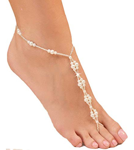 1 Pieza Elegantes Sandalias Descalzas De Perlas Artificiales