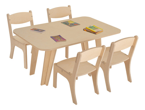 Comedor Infantil Mesa Rectangular Con Cuatro Sillas Abedul