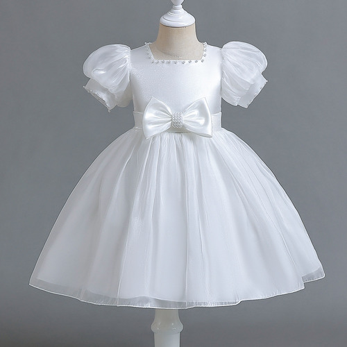 Vestido De Manga Corta Para Niñas Decorado Con Perlas