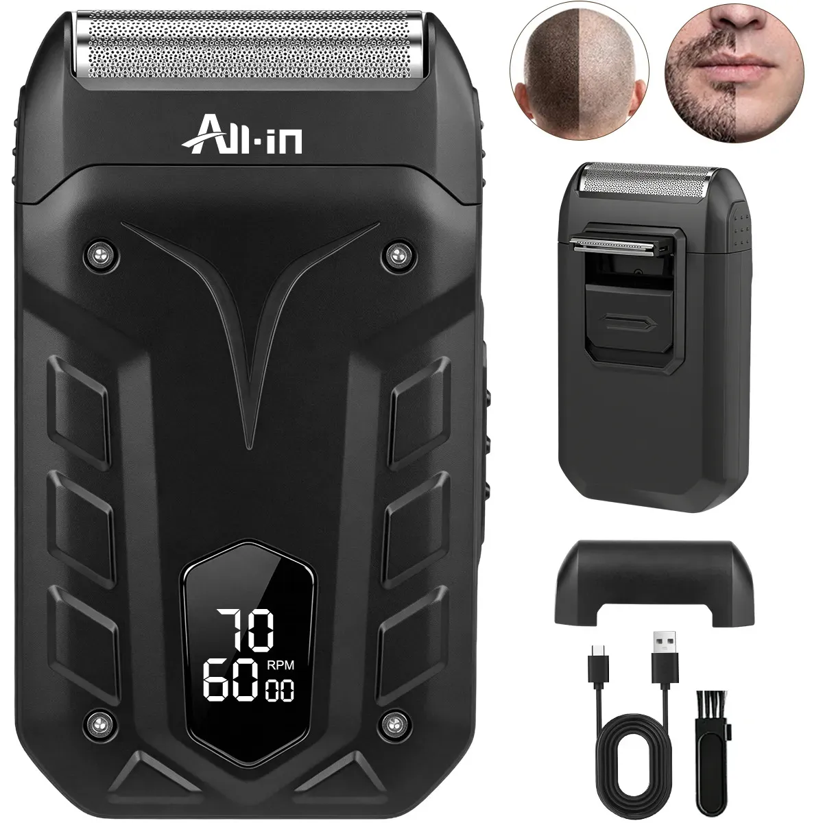 All-in Barbeador Eletrico Mini Aparador de Pelos Barba Homen Careca Aparelho de Barbear Maquina Cortar Barba B-829bk - Preto
