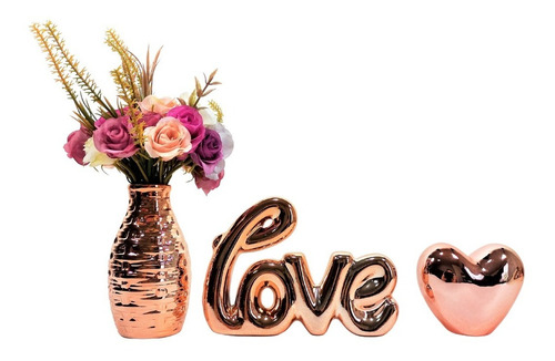 Kit Love: Letreiro Love, Coração, Vasinho C/ Flor Artificial Cor Rose gold
