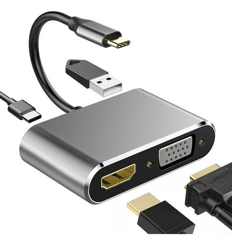 Hub Adaptador Usb-c 4 En 1: Vga+hdmi+usb 3.0+usb-c Pd 4k Hd