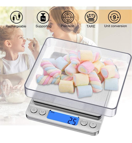Imagen 7 de 10 de Bascula Digital 3kg-0.1g Balanzas De Cocina Usb Recargable