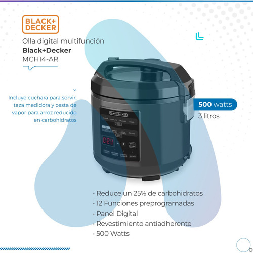 Imagen 2 de 10 de Olla Digital Multifunción Black & Decker 3 Lts 500w Mch14-ar