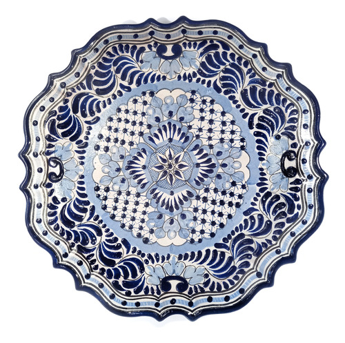 Platón Barroco De Talavera Poblana 40 Cm Azul Tradición #102