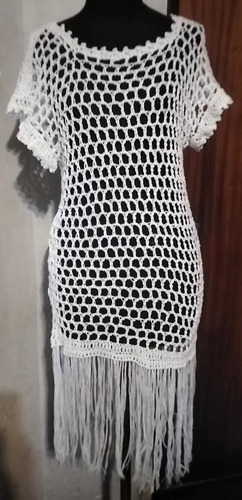 Vestido Playero Crochet Artesanal, Con Flecos Talle L