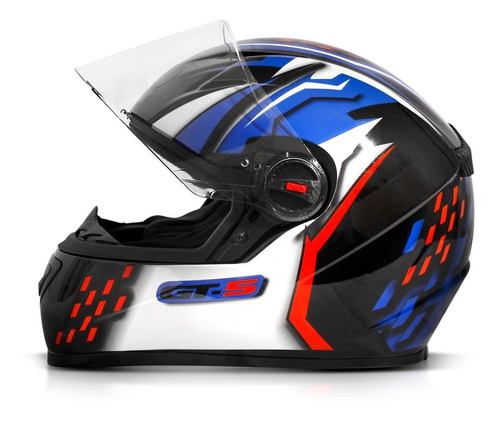 Capacete Fechado Moto Gt5 Preto Com Azul Vermelho Branco