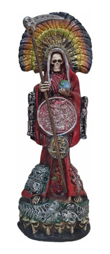 Santa Muerte Azteca Roja Con Penacho Ritualizada 40 Cm 