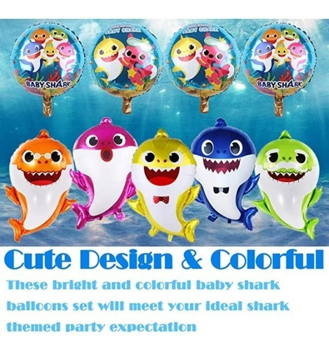 Imagen 4 de 4 de Pack 9 Globos Baby Shark En Alumino Ideal Para Helio