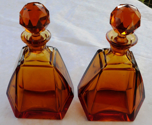 Monijor62-antiguo Art Deco 2 Botellas Cristal Facetado Ambar