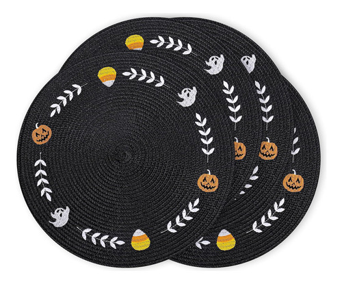 Whaline - 4 Manteles Individuales Redondos De Halloween Negro Halloween