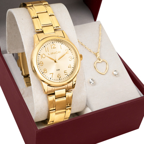 Kit Relógio Feminino Lince Colar E Brincos Com Detalhes Lrgm033l30