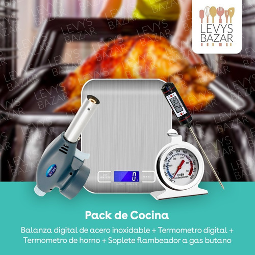 Imagen 2 de 10 de Pack Balanza Acero + Termometro + Soplete + Termometro Horno