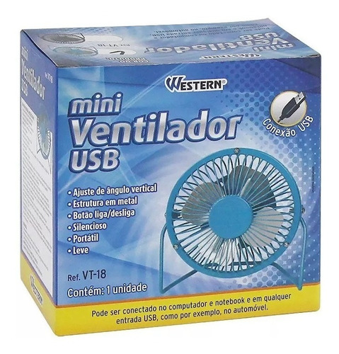 Mini Ventilador De Mesa Usb Western Azul Calor Abafado Cor das pás Prata Diâmetro 149 cm Material das pás Alumínio Quantidade de pás 4 0