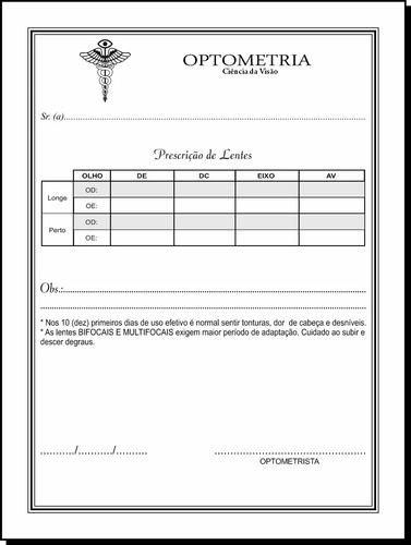 Receituário Para Optometrista - 5 Blocos - Total 500 Folhas