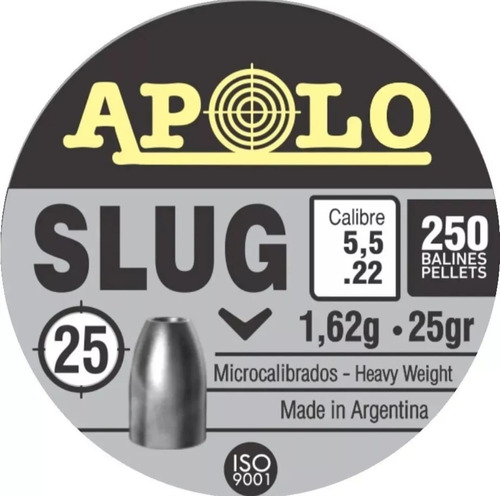 Balines Apolo Slug Cal 5.5 X 250 Unid 25 Grains 1,62 Gramos