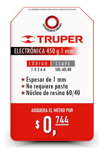 Soldadura Núcleo Resina 60/40 Electrónica Truper 14366 X Mts